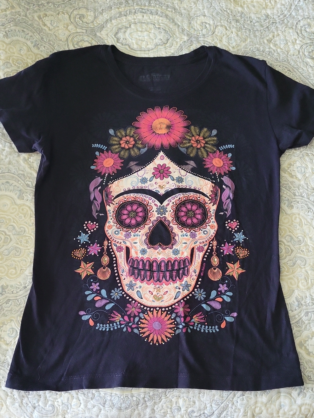 Floral Sugar Skull Graphic Tee - Black with Pink & Purple